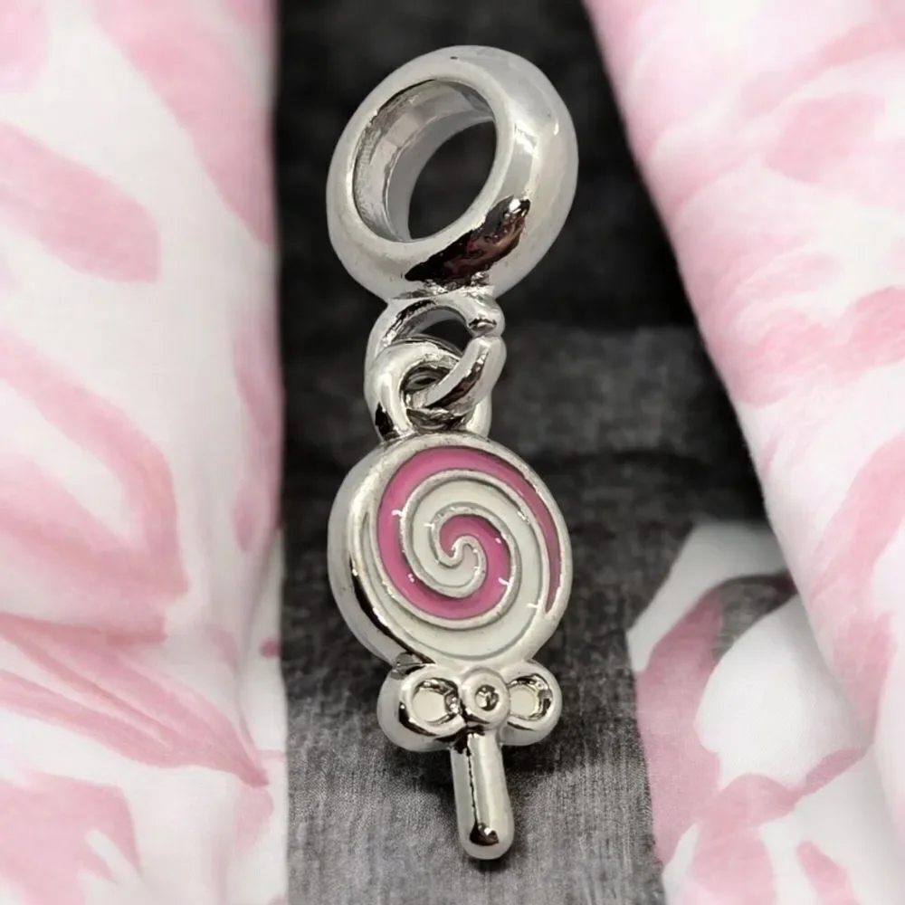 Pink Swirl Lollipop 3D Bracelet Charm Silver Carnival Party Jewelry Summer Fun